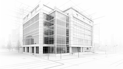Modern office building under construction with detailed line drawing overlaying photorealistic rendering