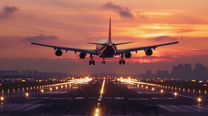 Airplane Landing on Runway at Sunset