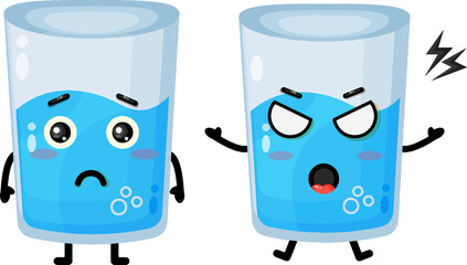 Fototapeta premium Cute Cartoon Glass Characters with Blue Water Showing Sad and Pain Emotions