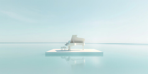 a white grand piano stands in the center of a serene lakeside, with a light blue sky