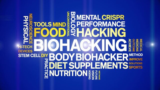 Biohacking animated word cloud;text design animation tag kinetic typography seamless loop.