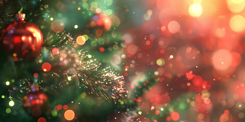 Create a Christmas-themed scene with a beautifully decorated Christmas tree, sparkling ornaments, and twinkling lights