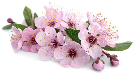 Detailed view of prunus flowers and leaves isolated on white. Emphasizing the freshness and beauty of spring flowering