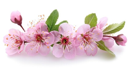 Naklejka premium Detailed view of prunus flowers and leaves isolated on white. Emphasizing the freshness and beauty of spring flowering
