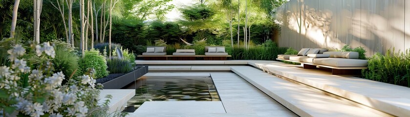 Garden design image of a meditation garden with a quiet seating area, calming water features, and soft, soothing plant colors