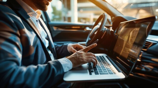 Close-up of a young professional using a laptop and phone simultaneously in a car, multitasking and efficient, business travel, Portrait half-body, hyper-realistic, high detail, photorealistic, Key