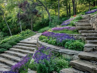 Garden design image of a terraced hillside garden with stone retaining walls, cascading flowers, and a winding stairway
