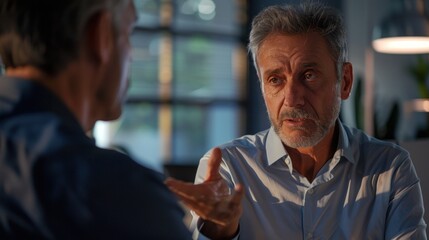 Obraz premium Close-up of a manager giving instructions to an employee in a modern office, focused and engaged, professional setting, Portrait half-body, hyper-realistic, high detail, photorealistic, Key Light,