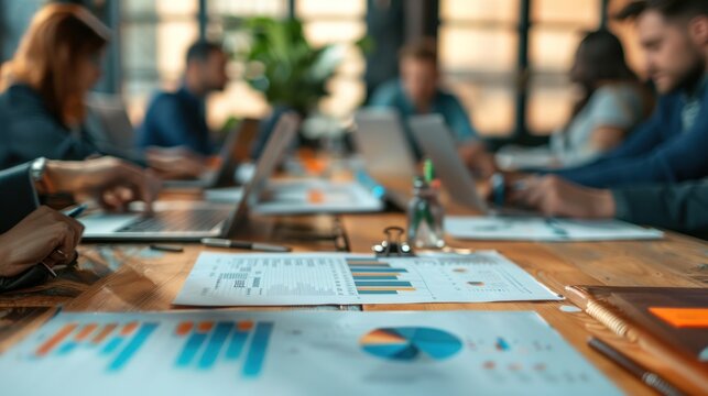 Close-up of a team brainstorming in a meeting room, papers and laptops on the table, dynamic and collaborative atmosphere, Portrait half-body, hyper-realistic, high detail, photorealistic, Key Light,