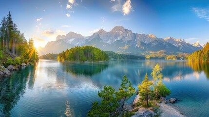 Obraz premium Sunrise Over Tranquil Mountain Lake