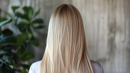 Naklejka premium Healthy, straight blonde hair of a woman seen from behind, showcasing the results of meticulous hair care and straightening