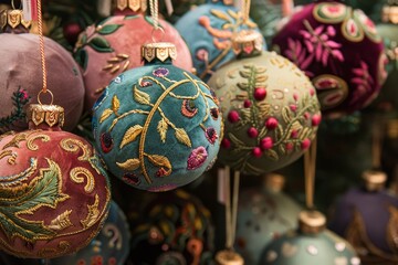 Group of elegant velvet ornaments hanging from the branches of a tree in a festive display, Elegant velvet ornaments adorned with embroidered patterns