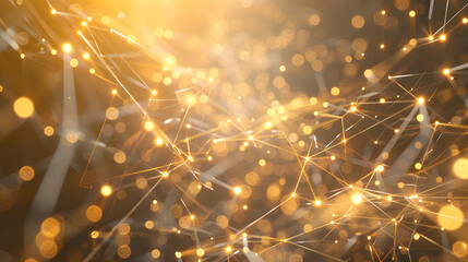 A visually striking abstract golden network of glowing lines and dots creates a hightech and energetic background perfect for digital, futuristic, or celebratory themes