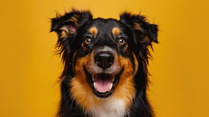 Smiling dog with joyful eyes and a bright expression, isolated on yellow background. Happy pet vibes