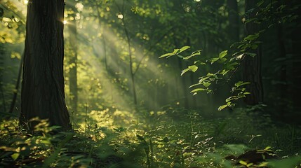 Obraz premium Sun rays illuminating the forest, showcasing terrestrial plants and shades of wood. Serene natural landscape with trunks and twigs