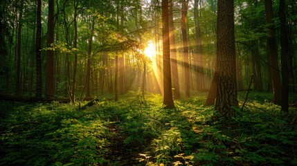 Obraz premium Sun rays illuminating the forest, showcasing terrestrial plants and shades of wood. Serene natural landscape with trunks and twigs
