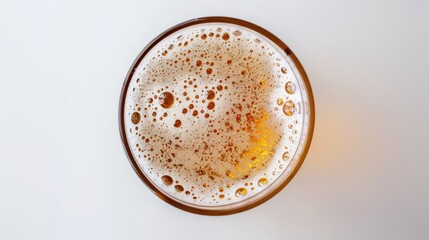 Top view of a glass filled with golden unfiltered lager beer, foam, and bubbles. Perfect for showing off ale froth on a white background