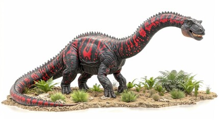 Fototapeta premium Model of a black and red sauropod dinosaur standing on a rocky terrain with plants and grass in the background.