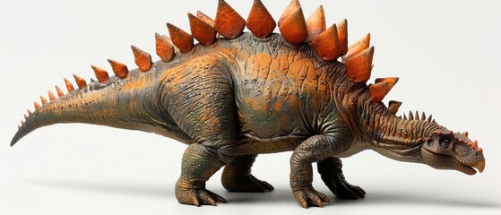 Fototapeta premium Realistic model of a Stegosaurus dinosaur with distinctive plates and tail spikes, showcasing detailed textures and colors.