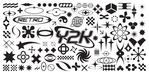 Trendy retro futuristic elements for design. Collection of abstract graphic geometric symbols and shapes in y2k style. Templates for posters, banners, stickers, business cards, tshirt design, logos.