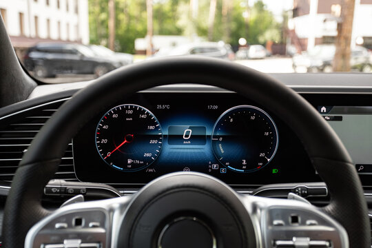 Black car speedometer. Close up shot of the dashboard a car.