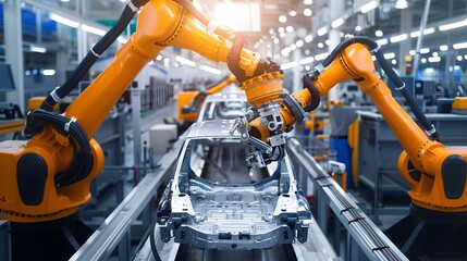 Fototapeta premium Industrial Robot Arm: A powerful industrial robot arm assembling car parts in an automated factory. 