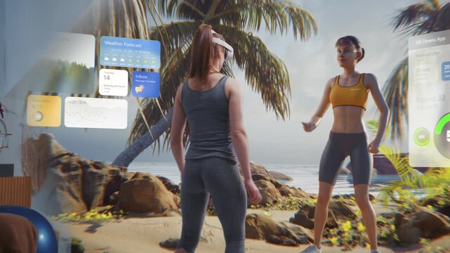 Athletic woman wearing AR headset starts online training. VR screen with displayed virtual coach and interface of fitness app with workout plan. Metaverse futuristic home gym with AI technologies.