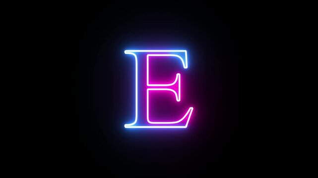 Neon capital letter alphabet E animation. Purple and blue neon font letter "E" on black background. Educational concept