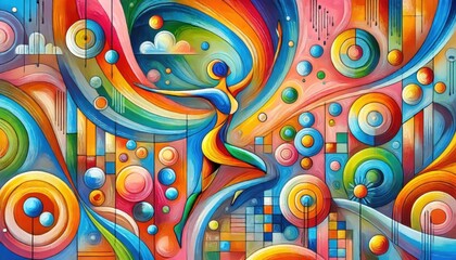 Abstract Art Painting - Colorful Circles, Shapes, and a Human Figure in Motion.