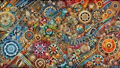 Fototapeta premium Abstract Geometric Pattern with Colorful Gears and Circles - Digital Art.