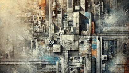 Abstract Geometric Wall Art - Textured Urban Landscape with Distressed Concrete and Metal