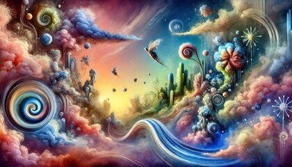 Surreal Abstract Fantasy Landscape with Swirls, Clouds, and Cosmic Elements.