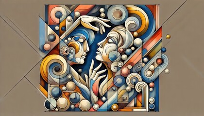 Abstract Art with Two Faces and Geometric Shapes in Vibrant Colors.
