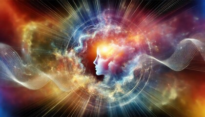 Abstract Digital Art with Human Profile, Colorful Nebula, and Light Streaks.