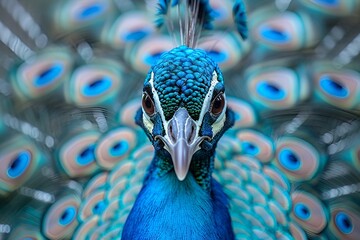 A close up of a peacock displaying its vibrant feathers.