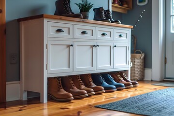 A shoe rack with various boots neatly arranged on it, next to a closed door.