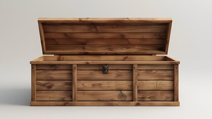 A wooden chest with a closed lid on a white background.