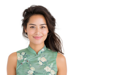 Fototapeta premium French female smile in traditional cheongsam dress isolated on gray