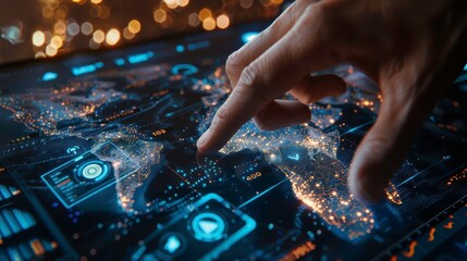 A close-up view of a hand interacting with a digital map interface, showcasing technology and global connectivity.