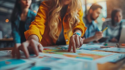 Obraz premium A collaborative workspace where individuals review colorful design elements and brainstorm creative ideas together.
