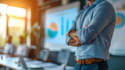 A confident businessman stands with arms crossed in a modern conference room during a strategic meeting with teammates.