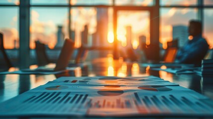 A conference table with business documents in foreground, capturing a serene sunset backdrop over a city skyline.