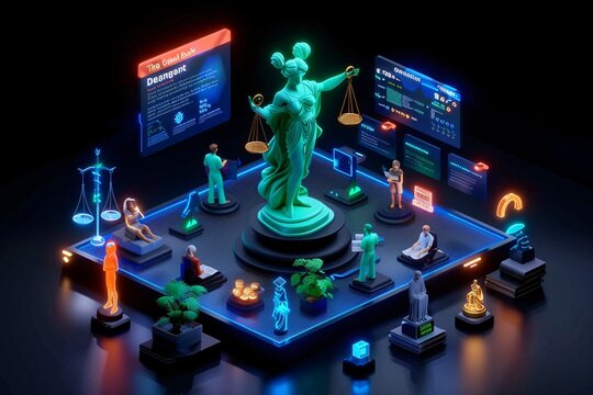 12. An illustration of a modern law firm specializing in AI ethics and regulations. Lawyers are seen reviewing documents and digital files, with large screens displaying key points on artificial