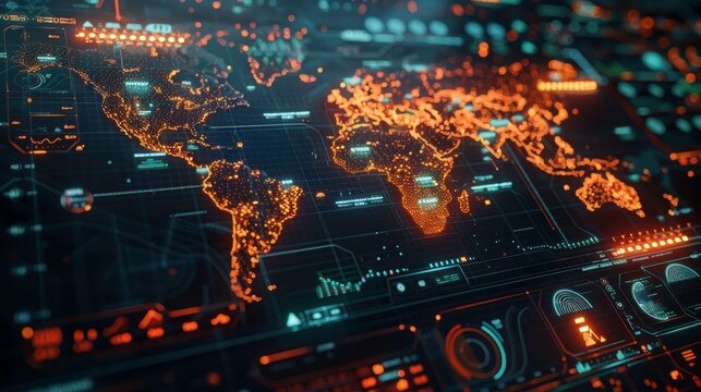 A futuristic world map displaying digital interfaces and glowing data overlays, perfect for technology and innovation themes.