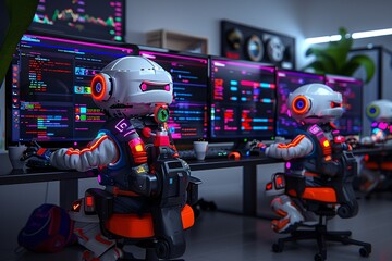 21. An image of a modern law firm where lawyers are specializing in AI ethics and regulations. They are reviewing digital files and documents, with large screens displaying key points on artificial