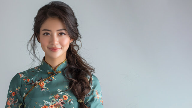 Malay female smile in traditional cheongsam dress isolated on gray