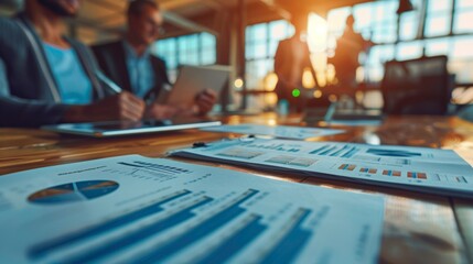 Business professionals discuss strategies over data reports in a modern office setting with sunset ambiance.