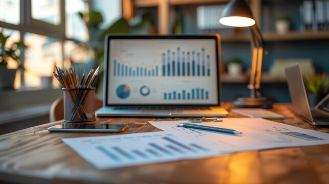 An organized workspace with a laptop displaying graphs, pens, and documents, ideal for business presentations and analysis.