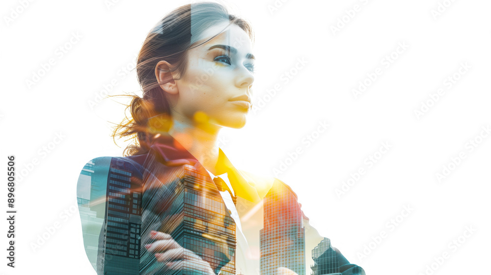 Poster confident woman ceo with high-rise office building and success symbols double exposure effect