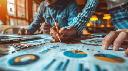 Collaboration on financial reports with charts and graphs, showcasing teamwork and analysis in a modern workspace.